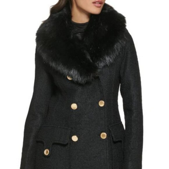 GUESS woman's double breasted coat with faux fur trim - Picture 1 of 7